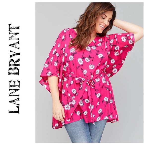 Lane Bryant Hot Pink Floral Flutter Bell Sleeve Blouse 14/16 - Picture 3 of 13
